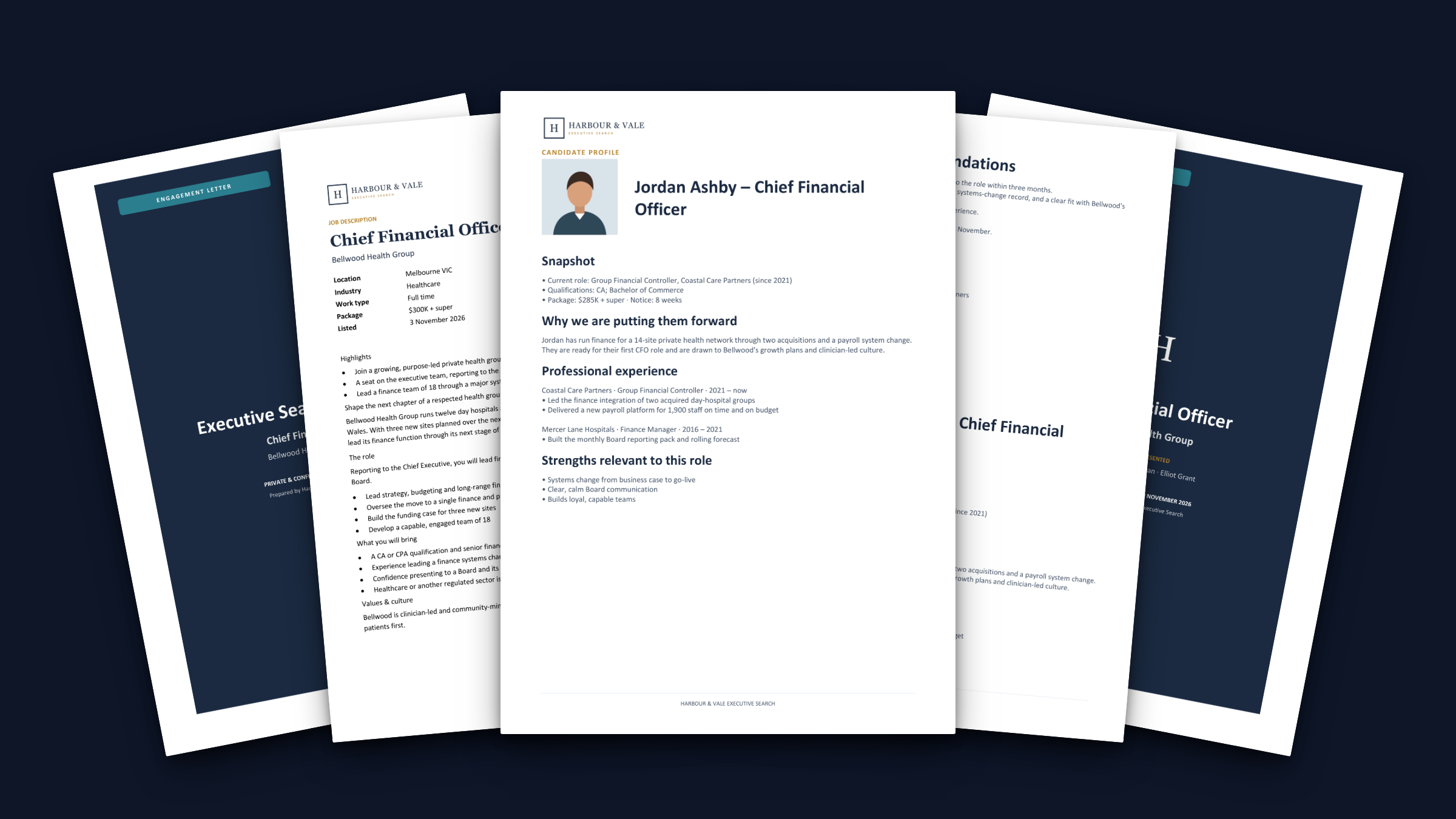 Sample documents for an example firm, fanned out: engagement letter, job description, candidate profile and shortlist report.