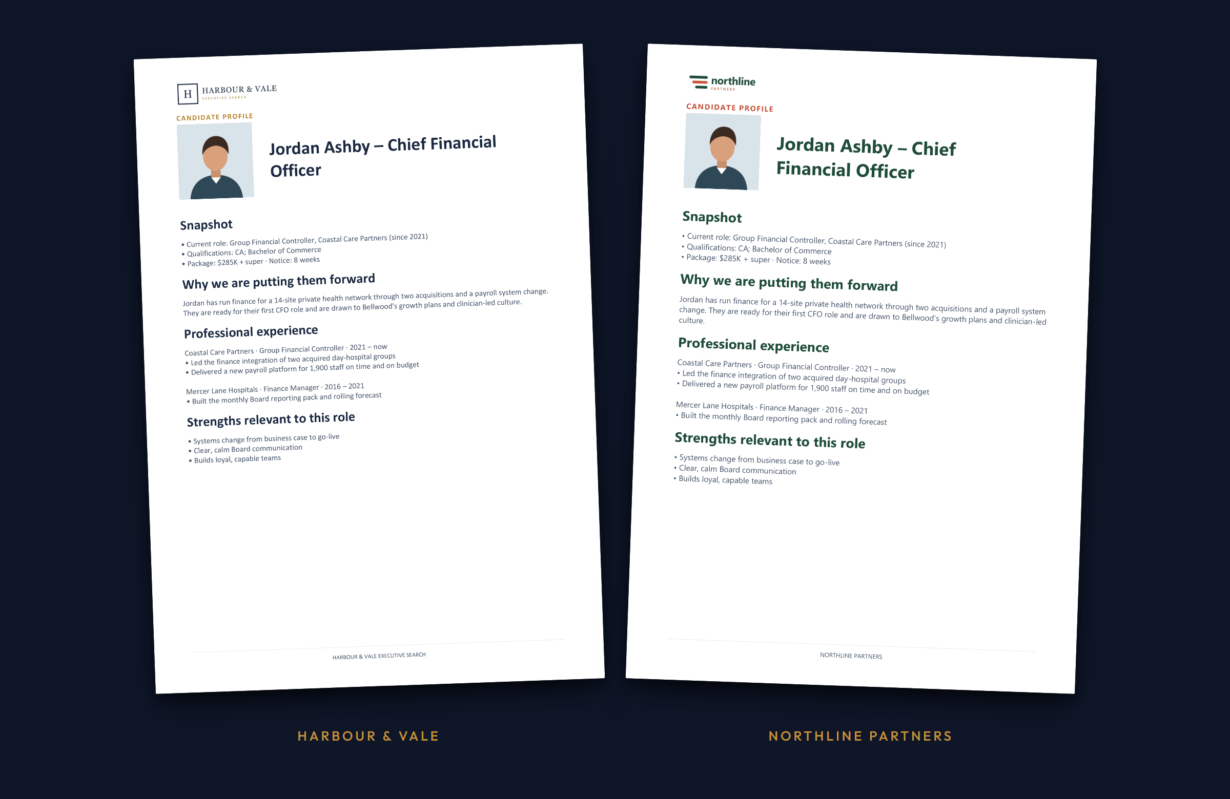 Sample documents for two example firms: the same candidate profile in Harbour & Vale's brand and in Northline Partners' brand, side by side.